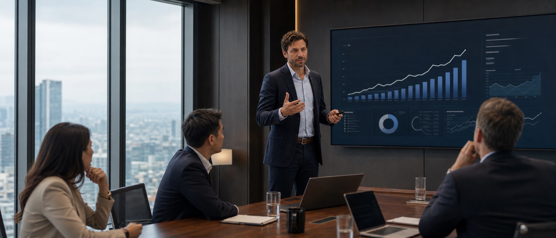 Founder presenting investment pitch deck to a room of investors